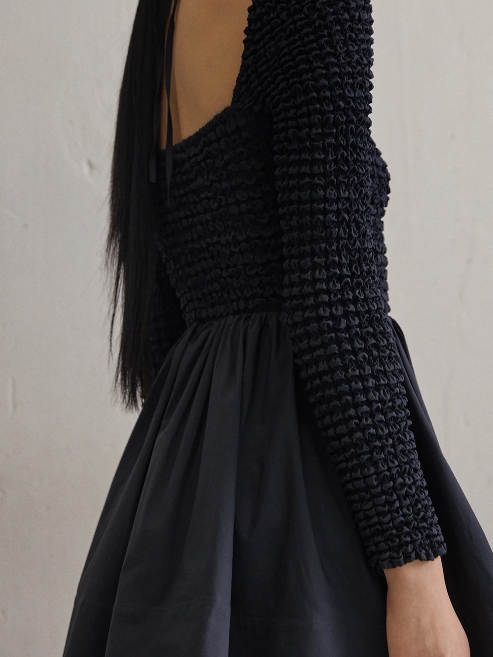 STAUD Black Smocked Mini Dress with Open Back Tie